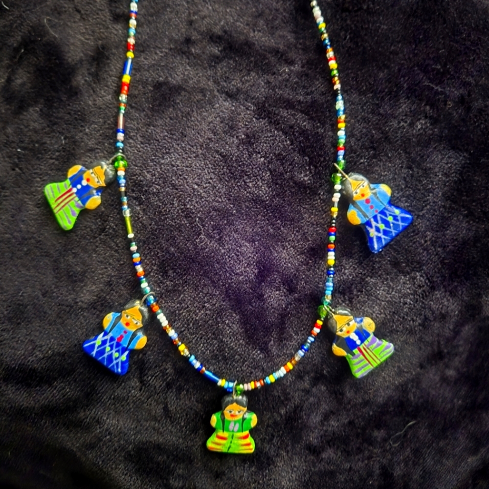 Vintage Handpainted Clay Folk Costume Girl Charms Seed Beads Ethnic 20" Necklace